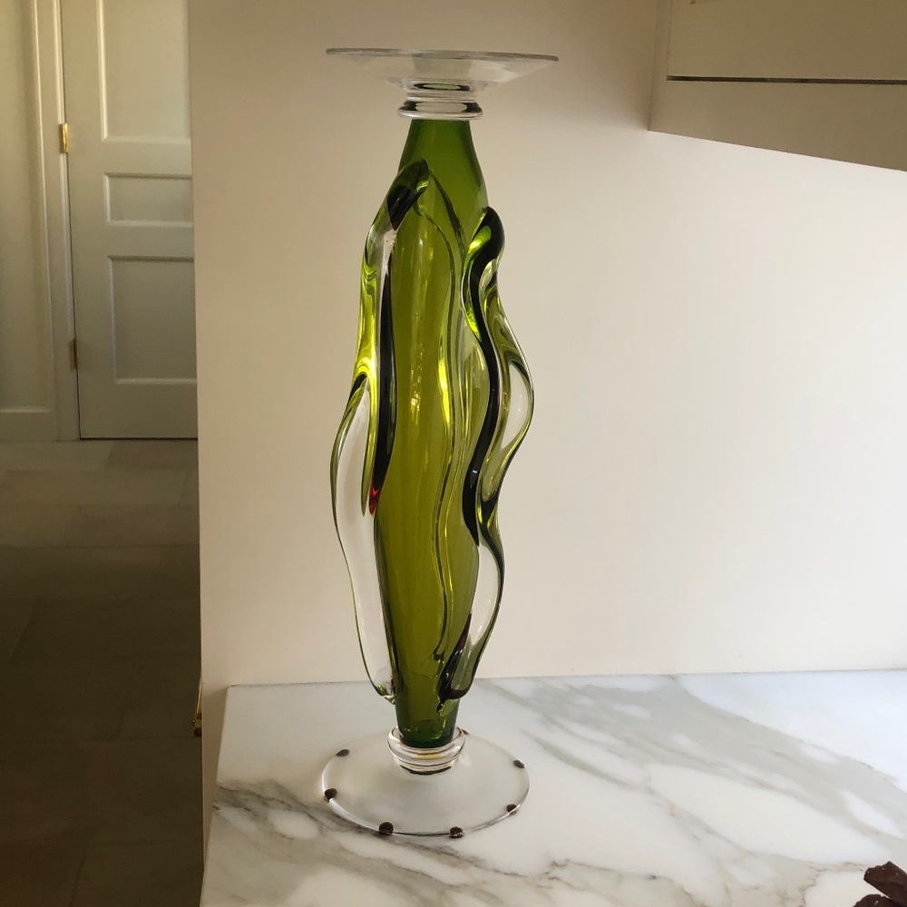 Tall handblown glass green  candleholder 5 3/4" w x 20" h - NEW!